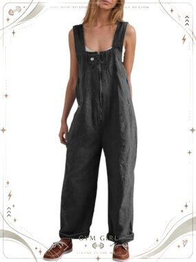 Women's Denim Overalls Jumpsuit Sleeveless Barrel Leg Loose Fit Zip Bib Pants